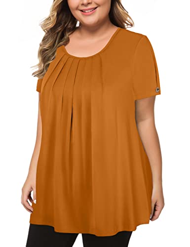 MANER Women's Plus Size Tops Short Sleeve Flowy Shirts Casual Blouses Tunic Tops L-4XL(Orange, Large)