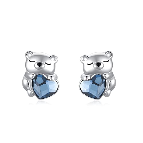 Bear Earrings 925 Sterling Silver Blue Heart Crystal Bear Studs Tiny Little Bear Polar Earrings Bear Jewelry Gifts for Women Bear Polar Lover Mother's Day