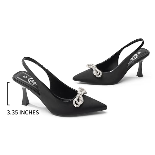 Trary Black Heels for Women, Women's Pumps, Black Dress Shoes for Women, Shining Crystal Bow Shoes for Women Dressy Low Heel, Kitten Heels for Women, Closed Toe Heels Women, Slingback Pumps,High Heels