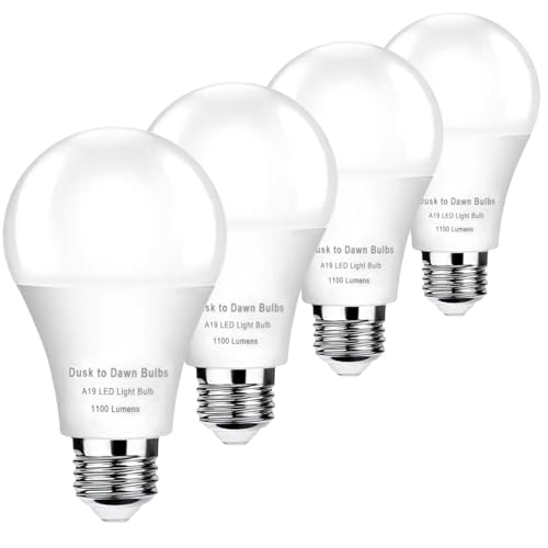 GEPLAD 4 Pack Dusk to Dawn Light Bulbs Outdoor, 2700K Warm White 1100LM,Sensor A19 LED Light Bulb, Auto on/Off Photocell Automatic for Indoor & Outdoor Lighting (Non-Dimmable)