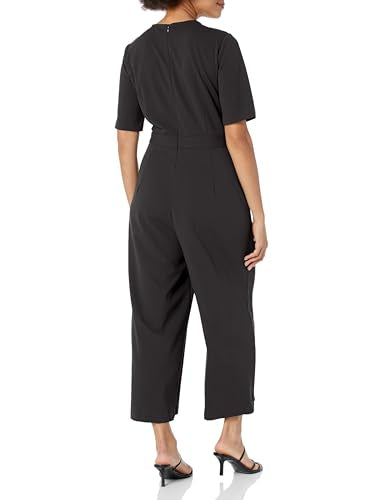 London Times Women's Leg Crew Neck Side Tab Cropped Jumpsuit Polished Versatile Chic Career, Black