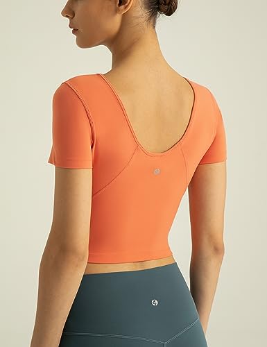 Colorfulkoala Women's Dreamlux V Neck Short Sleeve Yoga Shirts U-Back Workout Tops(XS, Carrot)