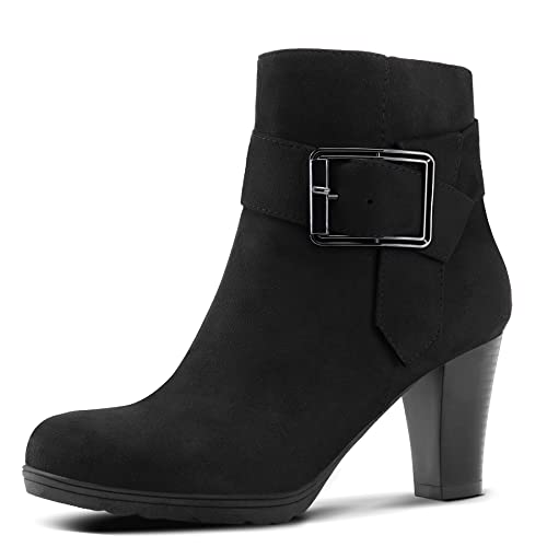mysoft Women's Wide Width Ankle Boots Chunky Heel Ankle Strap Buckle Booties with Zipper