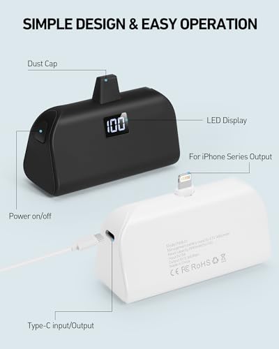 Mini Portable Charger for iPhone with Built in Cable, 4,800mAh Small Power Bank Fast Charging, Compatible with 14/14 Pro Max/13/13 Pro Max/12/12 Pro Max/11/XR/X/8/7/6 Series, Black