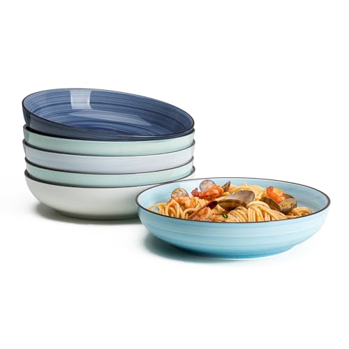 Sweese Pasta Bowls Set of 6, 30 Ounce Ceramic Salad Plates for Dishwasher & Microwave Safe - Solid Salad Bowls, Soup Bowls - Deep Plates Lipped Edges, Oven Safe Porcelain Plates Serving Bowls