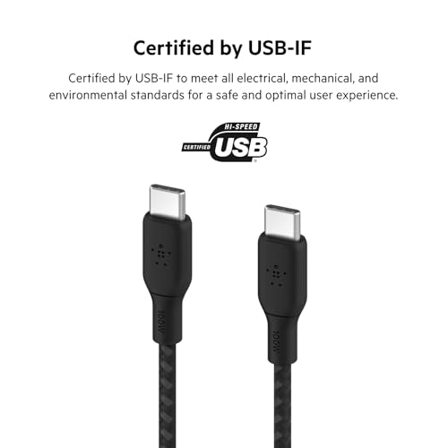 Belkin USB-C to USB-C Cable, BoostCharge Braided Power Cable (2M, 6.6ft), Fast Charging Cable w/ 100W Power Delivery, USB-IF Certified for iPhone 15, MacBook, Chromebook, Samsung Galaxy & More - Black