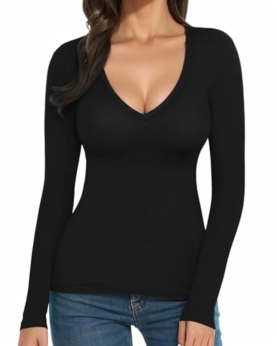 MANGOPOP Womens Deep V Neck Long Sleeve Slim Fit T Shirt Tunic Tops Tee Sexy