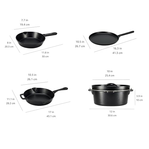 Amazon Basics Pre-Seasoned Cast Iron 5 Pieces Kitchen Pots and Pans Cookware Set, Black, 14.17 x 12.2 x 10.63 in