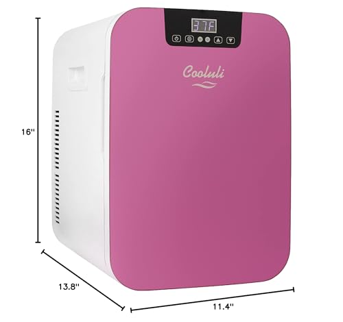 Cooluli 20L Mini Fridge For Bedroom - Car, Office Desk & College Dorm Room - Glass Front & Digital Temperature Control - Small 12v Refrigerator for Food, Drinks, Skincare, Beauty & Breast Milk (Pink)