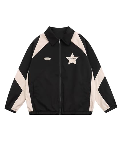 Bakyarder Men's Color-Blocked Patchwork Star Embroidery Jacket Stand Collar Waterproof Oversized Unisex Vintage Jackets Black Medium