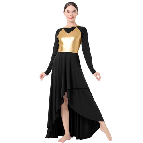 IBAKOM Women Gold Metallic High Low Praise Dance Dress Long Church Liturgical Worship Costume Tunic Lyrical Dance Outfits Ballerina Ballroom Dance Costume Christen Prayer Dance Dress Black High-Low S