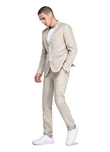 1PA1 Men's 2 Piece 100% Linen Slim Fit Suit Two Buttons Suit Jacket Blazer & Suit Pants Set Solid Business Suits (31008 Navy L)