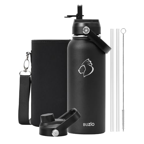 BUZIO 40oz Insulated Water Bottle, Stainless Steel Water Flask with Straw Lid and carrying pouch, Keep Cold 48h Leak Proof Double Wall Vacuum Travel Mug Metal Canteen for Gym Camp Beach, Black