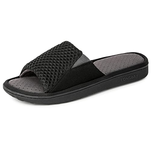 LongBay Men's Comfy Memory Foam Slide Slippers Breathable Mesh Cloth House Shoes (Small / 7-8 D(M) US, Black)