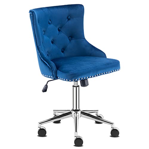 VINGLI Navy Blue Velvet Armless Home Office Desk Chair with Gold Base/Wheels, Cute Vanity/Makeup Chair with Back for Bedroom, Upholstered Adjustable Rolling Swivel Nail Chair for Women/Girls