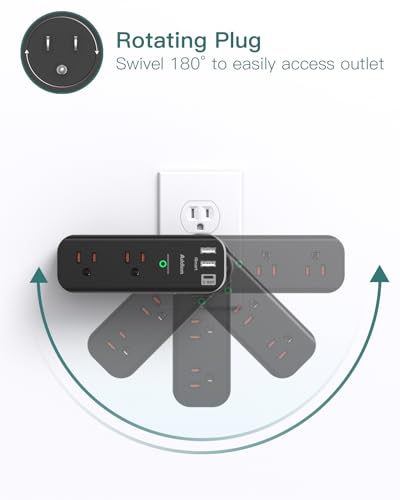 Surge Protector Outlet Extender - with Rotating Plug, 6 AC Multi Plug Outlet with 3 USB Ports, 1800J Wall Charger, 3-Sided Power Strip with Spaced Outlet Splitter for Home, Office, Travel （Black）