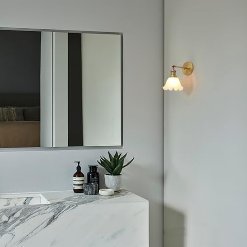 PERMO Milk White Glass Wall Sconce Lamp Single Antique Bronze Sconce Lighting Fixture with Lotus Leaf Shape Shade