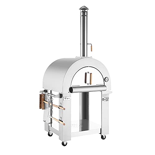 Empava Wood Fired Pizza Oven for Outside Stainless Steel Artisan Grill with Stand and Wheels Charcoal or Pellets Fueled, Built-in Thermometer, for Backyard, Camping, Patio, 32.5 Inch, Sliver