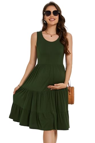 Smallshow Women's Maternity Dress Sleeveless Ruffle Tank Pregnancy Clothes,Army Green,M