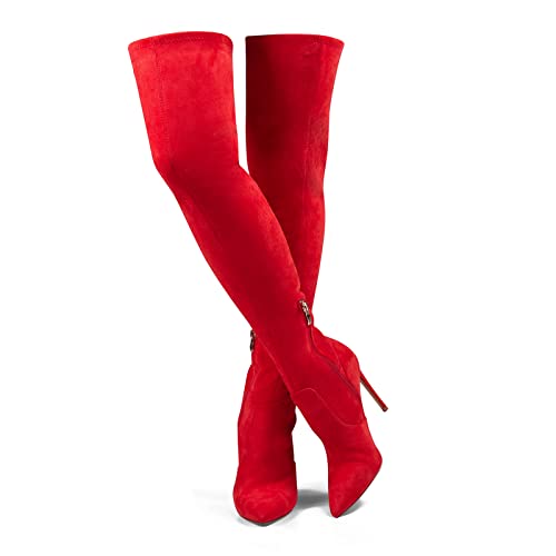 GENSHUO Over the Knee Boots for Women with Heel Suede Thigh High Boots Stretch Sexy Pointed Toe Stiletto Long Boot Shoes Black Size 6