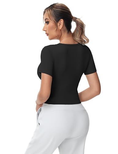 THE GYM PEOPLE Women's Workout Crop Tops Short Sleeve Ribbed Ice Silk Fabric Slim Fit Square Neck Running Shirts Black