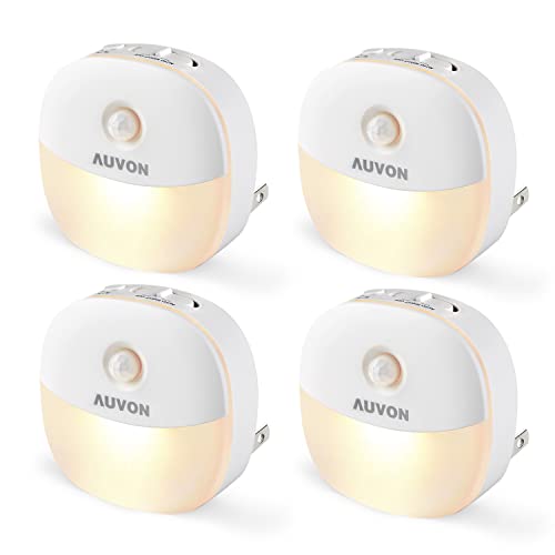 AUVON Plug in Night Light with Motion Sensor and Dusk to Dawn Sensor, Mini Warm White LED Nightlight with 1-50 lm Adjustable Brightness for Bathroom, Hallway, Stairs, Bedroom, Kitchen, 4 Packs