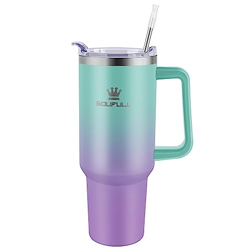 40 oz Tumbler with Handle and Straw Lid, 100% Leak-proof Travel Coffee Mug, Stainless Steel Insulated Cup for Hot Cold Beverages, Keeps Cold for 34Hrs or Hot for 10Hrs, Dishwasher Safe (WhiteGreen)