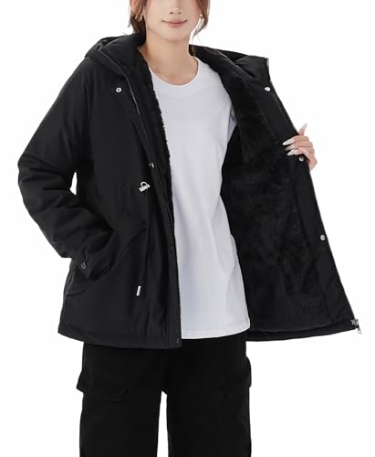 JiangWu Womens Fashion Fleece Sherpa Lined Hooded Coat Winter Thicken Warm Jacket(A-Black,Medium)