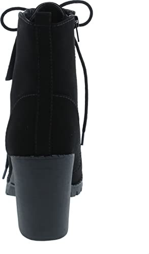 Soda Malia Round Toe Stacked Lug Heel Lace Up Ankle Booties (Black (PU), numeric_11)