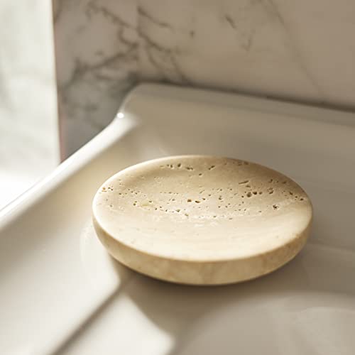 PHINILUX Round Travertine Tray for Jewelry, Marble Trinket Dish Tray, Nightstand Decor, Coaster, Soap Dish,Sponge Holder for Bathroom, Beige