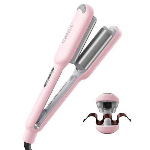 Waver Curling Iron Hair Crimper - TYMO ROVY Beach Waves Curling Wand, Ionic Deep Waver Hair Curler Tool with Ceramic 3 Barrel for Women, Dual Voltage, Anti-Scald, Easy to Use, 1 Inch, Pink