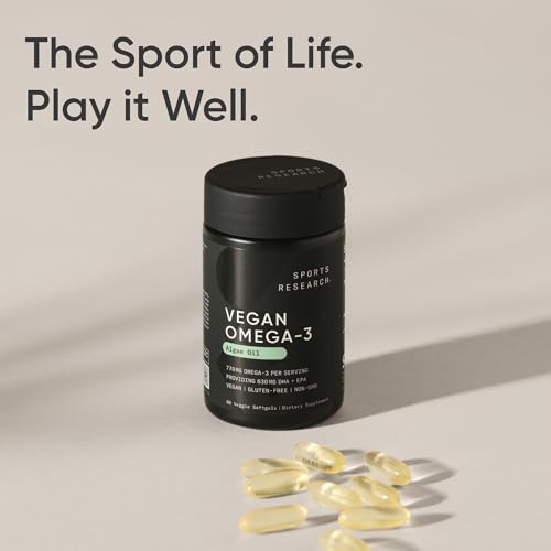 Sports Research Vegan Omega-3 Fish Oil from Algae Oil - High Levels DHA & EPA Fatty Acids | Non-GMO & Vegan Certified - 60 Softgels (Carrageenan Free)