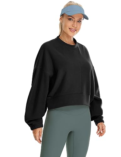 icyzone Women's Oversized Fleece Lined Sweatshirt Cropped Soft Drop Shoulder Crewneck Pullover (Grass Green, S)