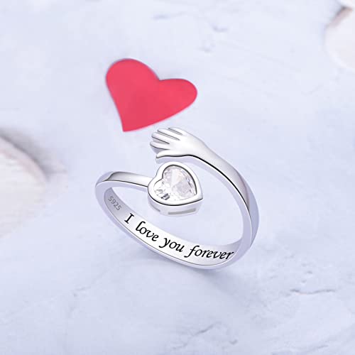 ACJFA 925 Sterling Silver Hug Ring for Women Teens I Love You Gifts for Her 12 Birthstones CZ Adjustable Ring Jewelry Mothers Day Birthday Holiday Gifts