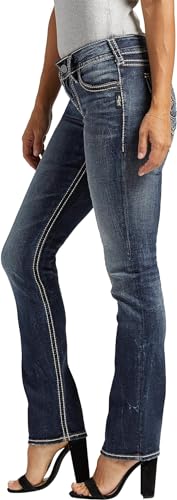 Silver Jeans Co. Women's Suki Mid Rise Curvy Fit Straight Leg Jeans, Dark Blue Wash, 24W x 30L