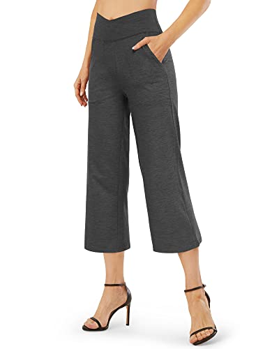 G4Free Wide Leg Capri for Women Trouser Style Yoga Pants with Pockets Summer Cross Waist Crop Pants for Casual Lounge(Charcoal Heather,S,25")