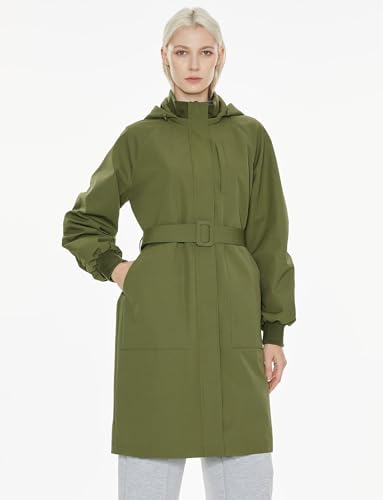 Orolay Women's Casual Hooded Raincoat Spring Light Jacket Zip Up Long Overcoat Warm Windbreaker with Belt Armygreen Small