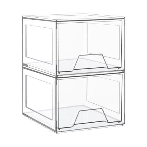 2 Pack Stackable Makeup Organizer, Acrylic Bathroom Organizer and Storage Drawers, Clear Plastic Drawer Storage Bins For Vanity, Undersink, Cabinets, Pantry