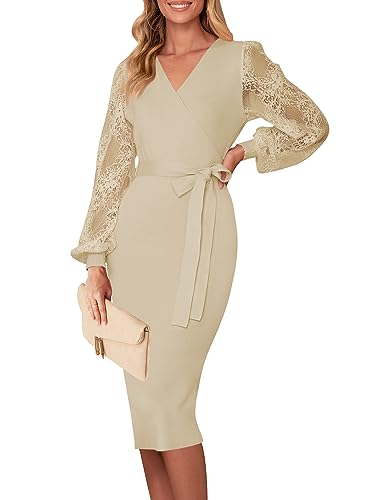 MEROKEETY Womens V Neck Lace Long Sleeve Sweater Dress Sexy Wrap Knit Bodycon Midi Dresses with Belt, White, Medium