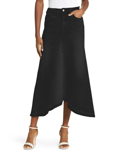 Fisoew Womens Denim Maxi Skirt Casual High Waist A-Line Frayed Irregular Hem Long Jean Skirt