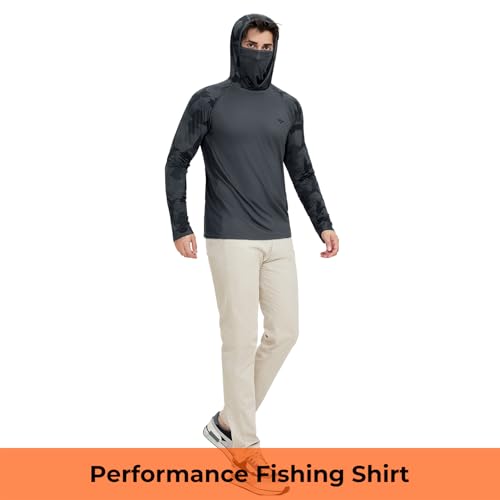 Rodeel UPF 50+ Men’s Long Sleeve Performance Fishing Hiking Shirt with Mask UV Neck Gaiter Hoodie