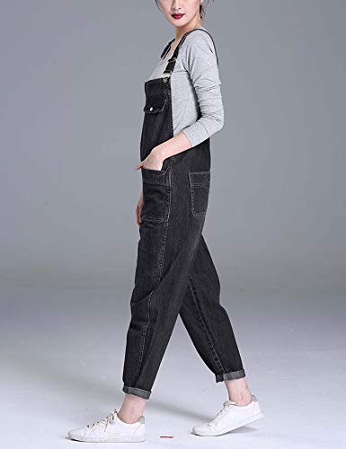 Soojun Women's Casual Baggy Denim Bib Overalls, Black, X-Small