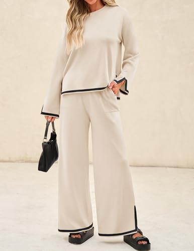 ZESICA Women's 2 Piece Outfits Set 2024 Casual Long Sleeve Knit Pullover Top and Wide Leg Pants Sweatsuit Lounge Sets,Teal,Medium