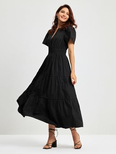 ShallWe Women's Basic Plain Black Summer Dress Casual Long Maxi Short Sleeve Layered Cotton V Neck A Line Fashion Travel