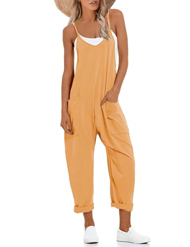 UANEO Women's Casual Jumpsuits Sleeveless Harem Stretchy Loose Overalls Romper Jumpers with Pockets (LightKhaki-L)