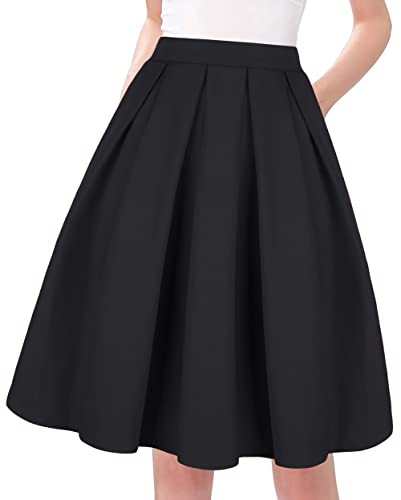 Tandisk Women's High Waist Flared Skirt Pleated Midi Skirt with Pocket Rose Red M