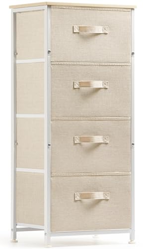 Pipishell Dresser with 4 Drawers, Tall Storage Tower with Sturdy Steel Frame Wood Top，Fabric Dresser Organizer Unit for Bedroom, Hallway, Entryway, Closets, Nursery Room