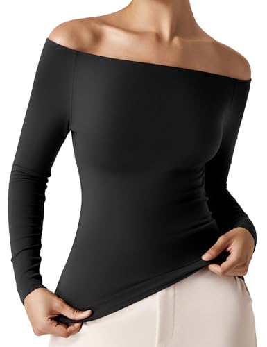 Amoretu Women Casual Boat Neck Fitted Long Sleeve T-Shirt Tight Tunic Tee, Black XS