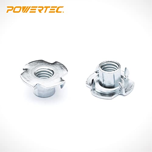 POWERTEC 3/8-16 T Nuts, 50 Pcs | 4 Pronged Tee Nuts for Bolts and Stem Caster Wheels, Threaded Inserts for Wood Working, Rock Climbing Holds and Furniture, for Use with Hammer | 1/2" Length (QTN1106)