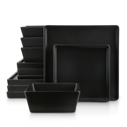 Stone Lain Grace Square Stoneware Dinnerware Set, 12 Piece Service For 4, Plates and Bowls Dish Set, Black